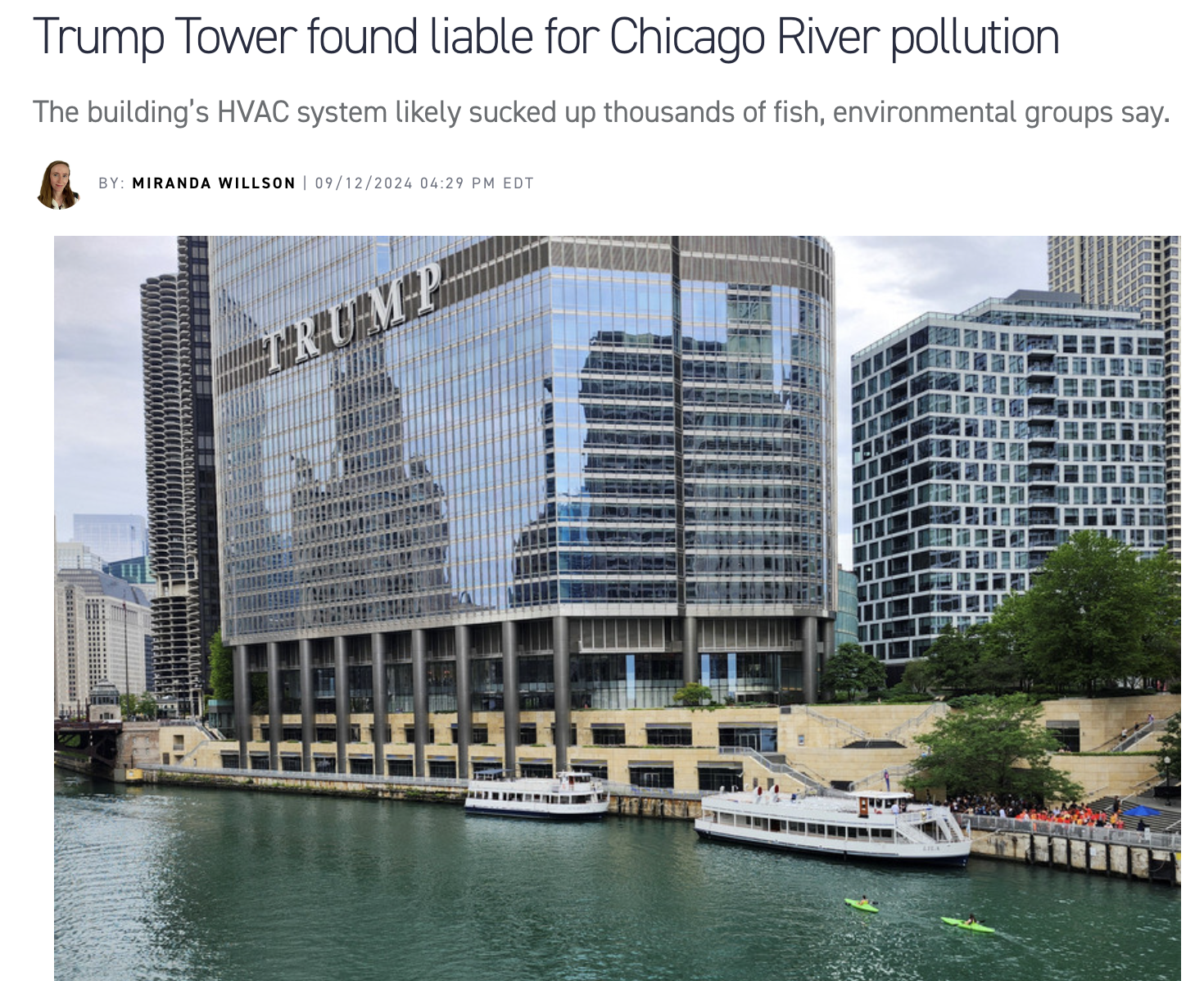 Trump Tower found liable for Chicago River pollution: The building's HVAC system likely sucked up thousands of fish, environmental groups say.