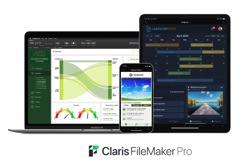 Three screens are shown, a laptop, a phone screen, and an iPad, all with generic graphs, calendar, and app screens. The text beneath says "Claris FileMaker Pro."