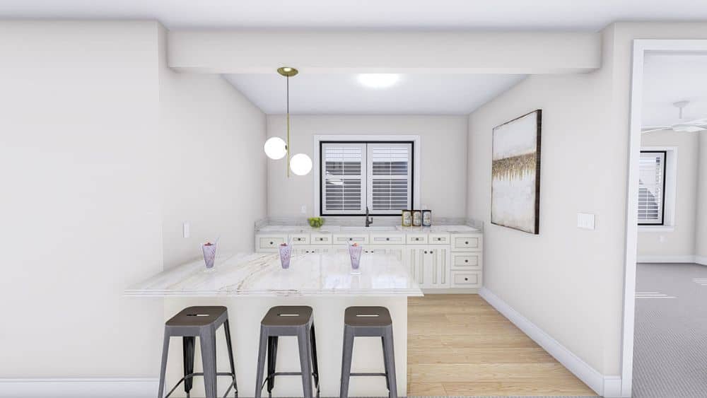 The wet bar offers white cabinets, marble countertops, and a peninsula paired with gray stools.