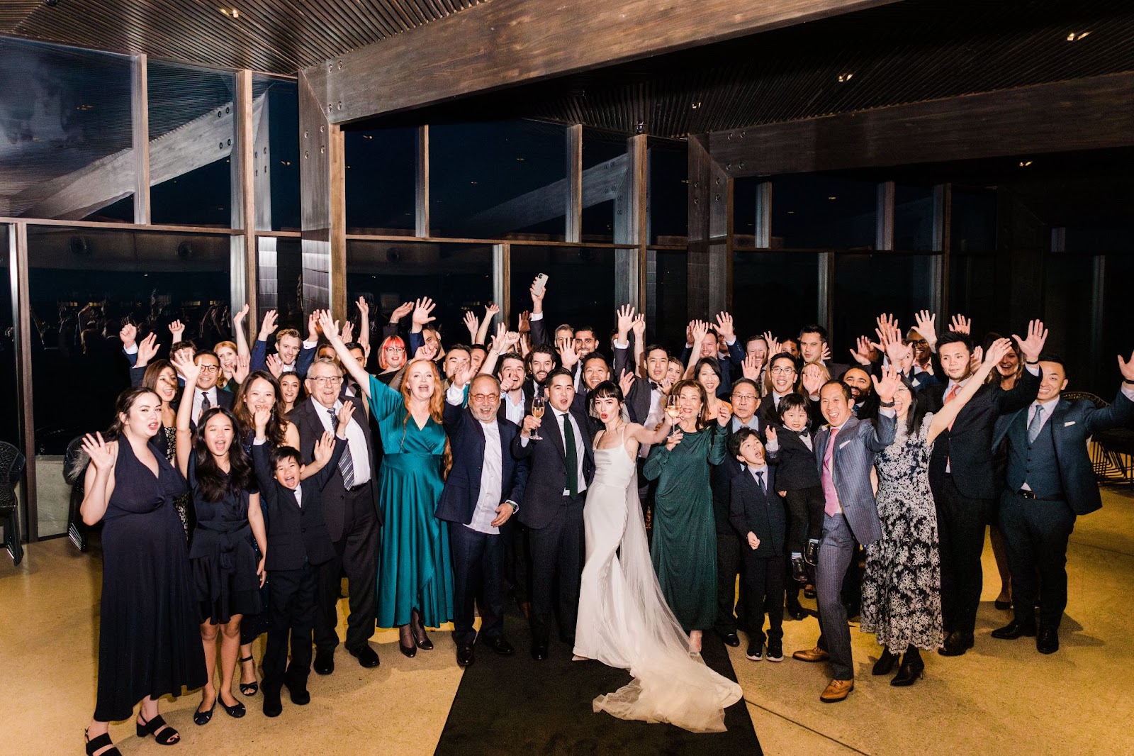 Large group shot, waving, Port Phillip Estate, Australia, Lachlan Scallion, Really Good Weddings, Australia 