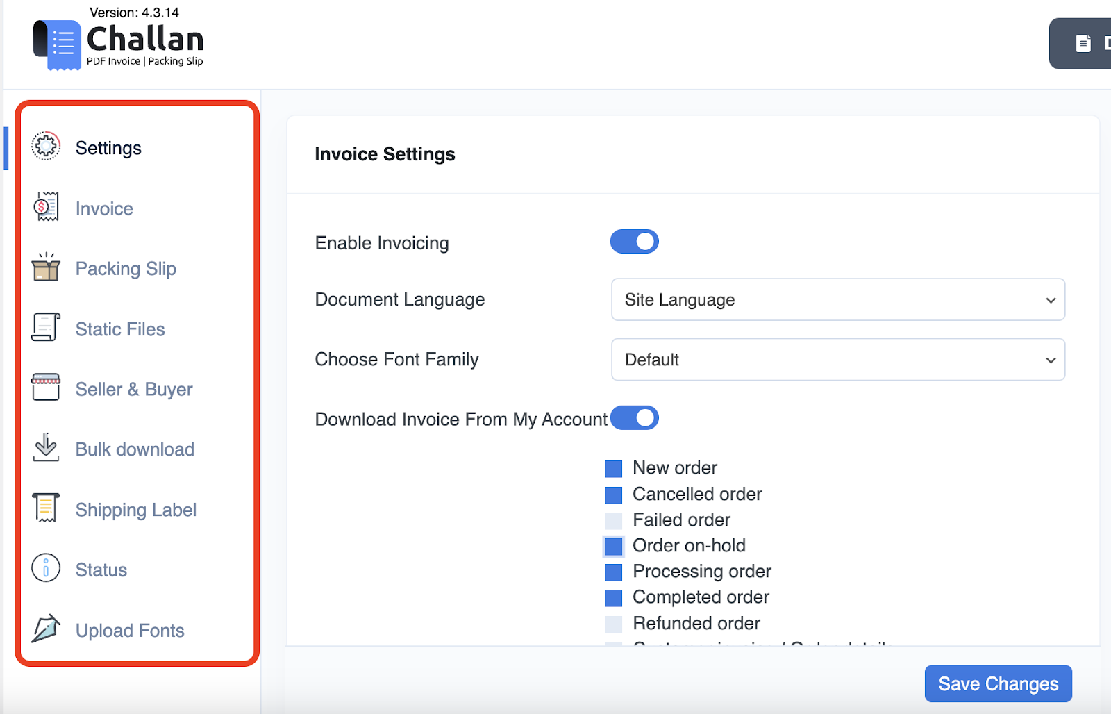 Challan Pro Settings Sidebar