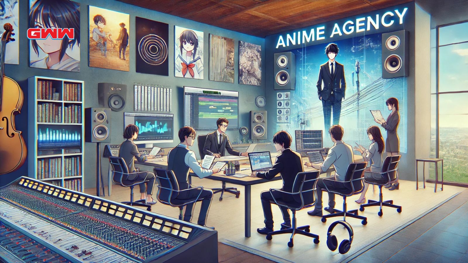 A wide, dynamic scene showing a modern anime agency office where composers collaborate with agents