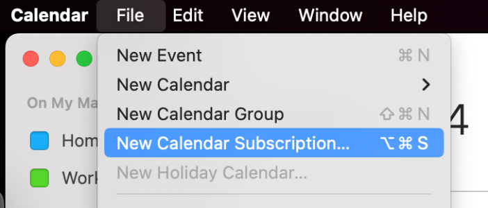 Dropdown of the File menu of the Calendar app for the MacOS that is highlighting the New Calendar Subscription option