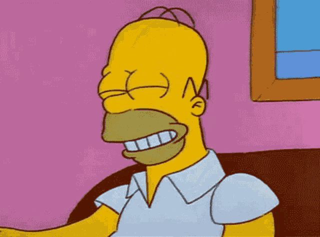 Animated GIF of Homer Simpson from the animated TV show "The Simpsons." In the loop, Homer smiles with his eyes closed, while sitting on a brown couch. His expression changes from talking to laughing as he puts his head down. The background includes a pink wall and part of a framed picture. Text appears that reads It's funny cause it's true.