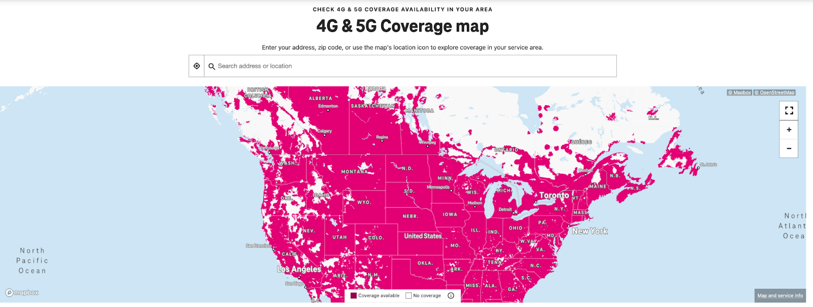 A screenshot of T-mobile USA coverage map