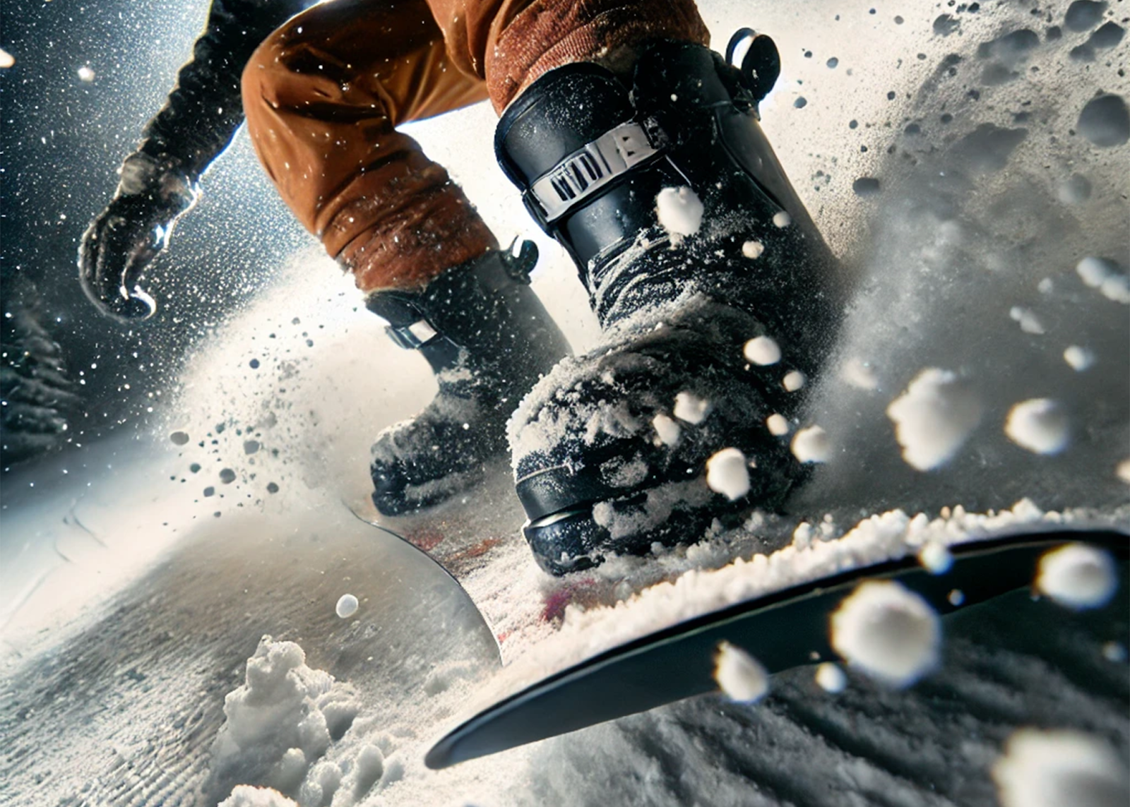 A close up action shot of the toe side of a snowboarder riding down the mountain with snow flying everywhere