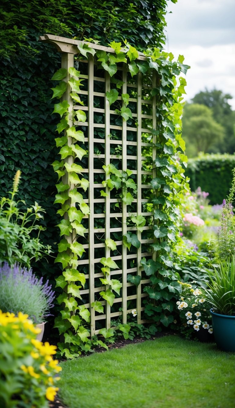 A trellis covered in ivy forms a corner of a lush garden, with various plants and flowers surrounding it