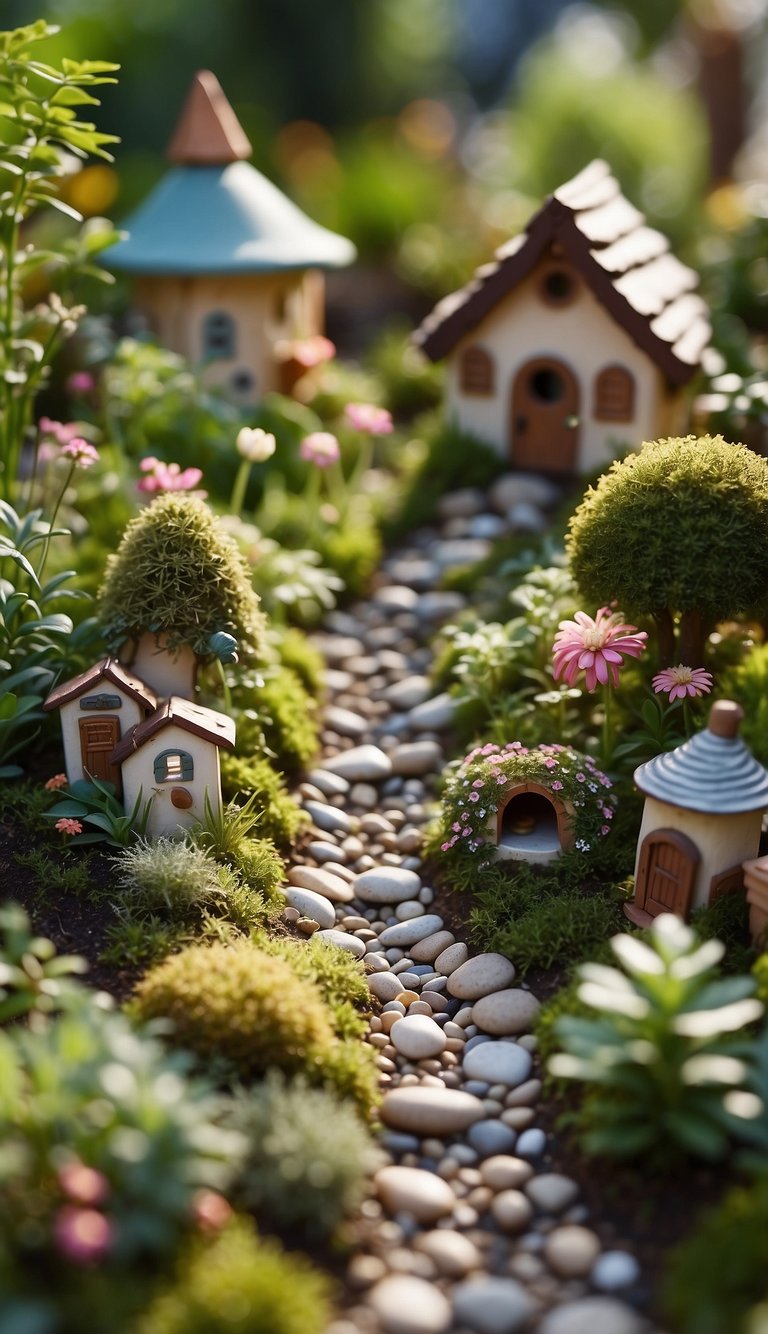 A lush backyard with a variety of mini plants, tiny fairy houses, and colorful pebbles arranged in a whimsical and enchanting fairy garden setting