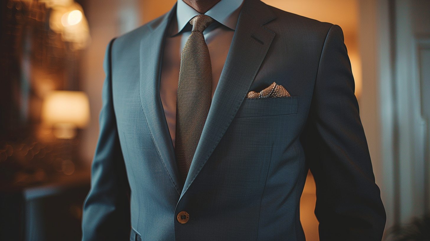 A man wearing a classic single-breasted suit, one row of buttons, narrow overlap in front, suitable for a formal or semi-formal setting, standing confidently in a professional or wedding environment, clean modern styling, soft lighting