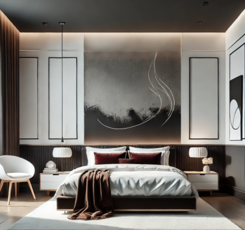 Elegant bedroom with a rich dark brown and white palette, like espresso with cream.
