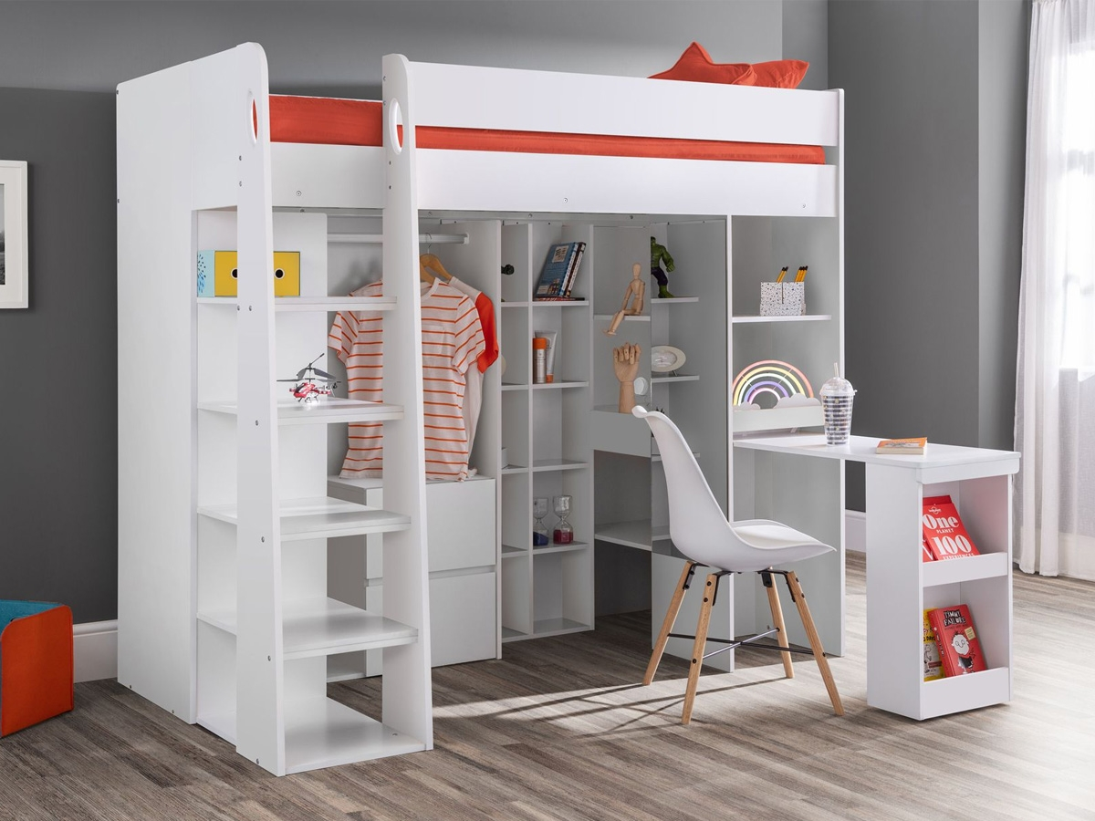 A white bunk bed with a desk and chair

Description automatically generated