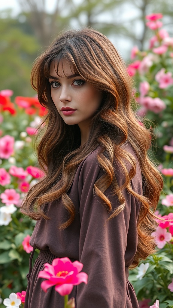 A woman with side-swept bangs and loose waves standing among colorful flowers.
