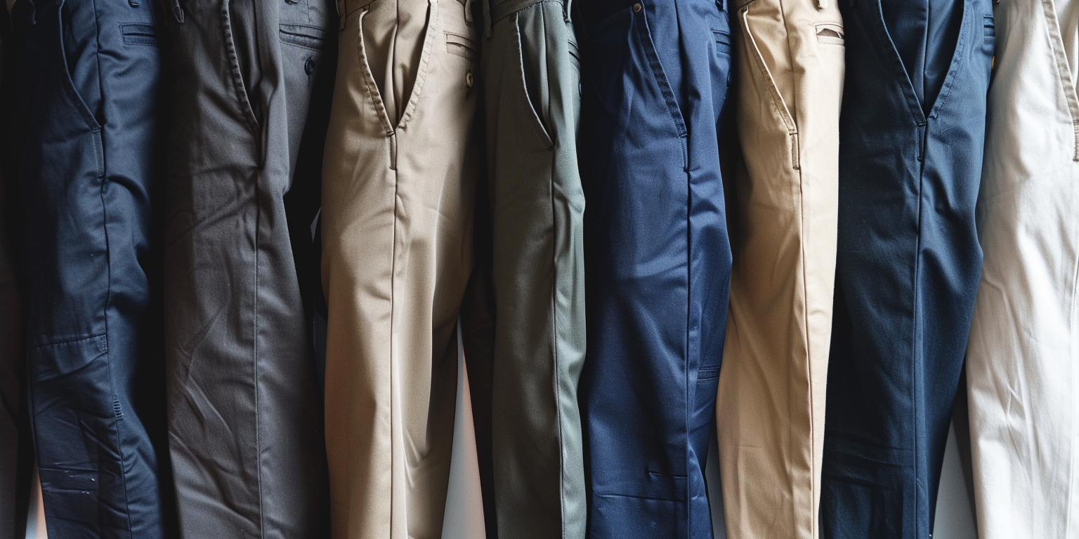 A selection of men's chinos and dress slacks neatly folded or hung, in neutral tones like navy, charcoal, black, beige, and olive. Wrinkle-free, modern cuts with clean lines. Displayed on a minimal, soft-lit background to highlight fit and fabric texture. Smart, casual, and versatile look.