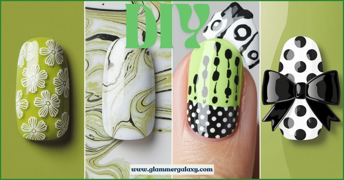 Three nail art designs featuring lime green accents, patterns, and a bow.