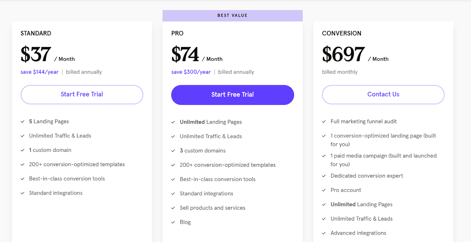 Leadpages' annual pricing plans with savings shown