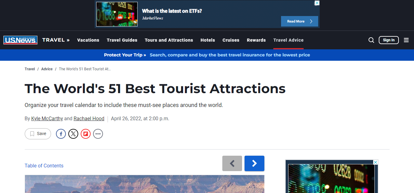 Tourist attractions title for headline readers on the US News blog