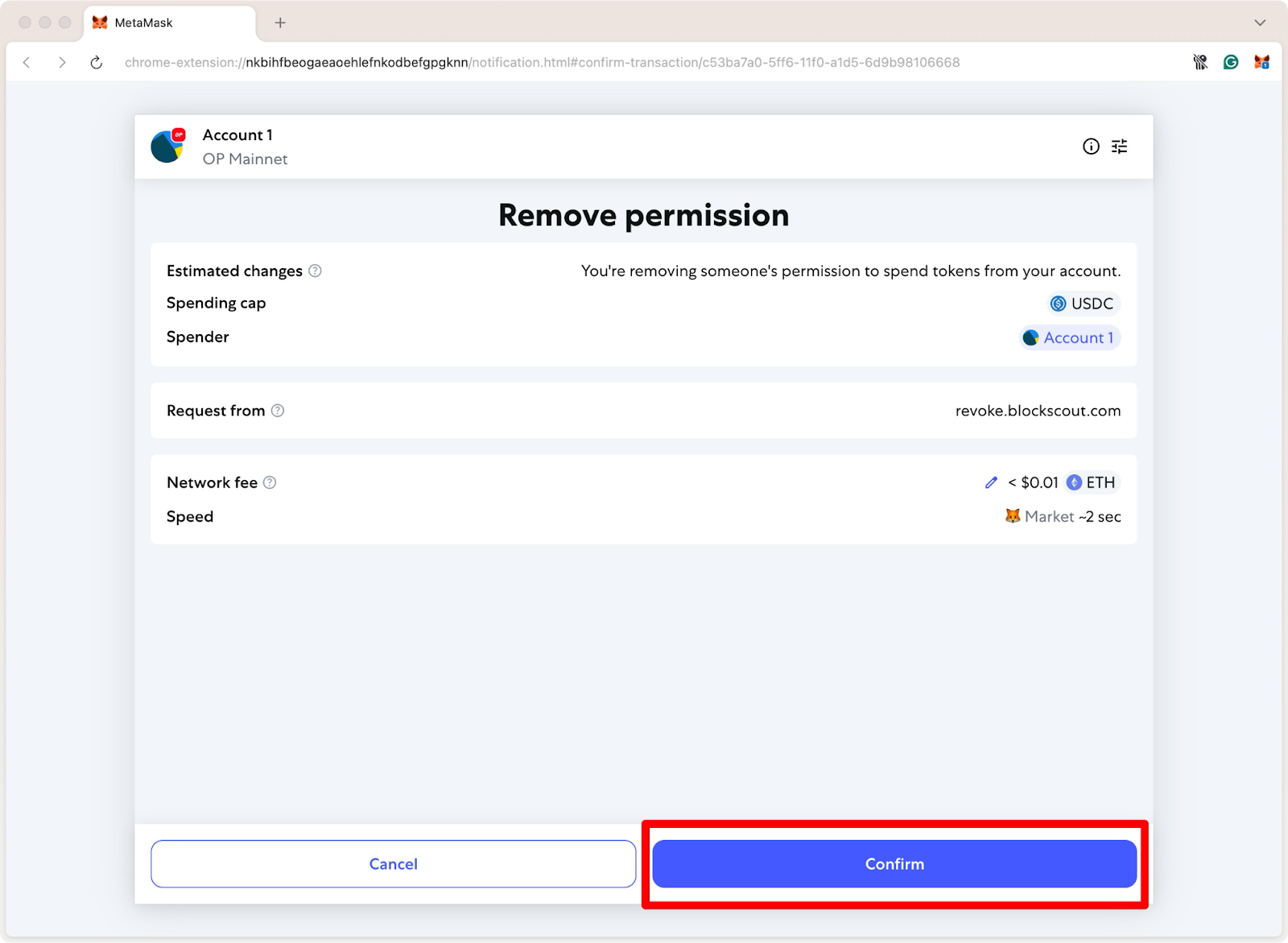 MetaMask confirmation screen for removing token spending permission, showing revoke request from Blockscout with estimated gas fee and confirm button highlighted.