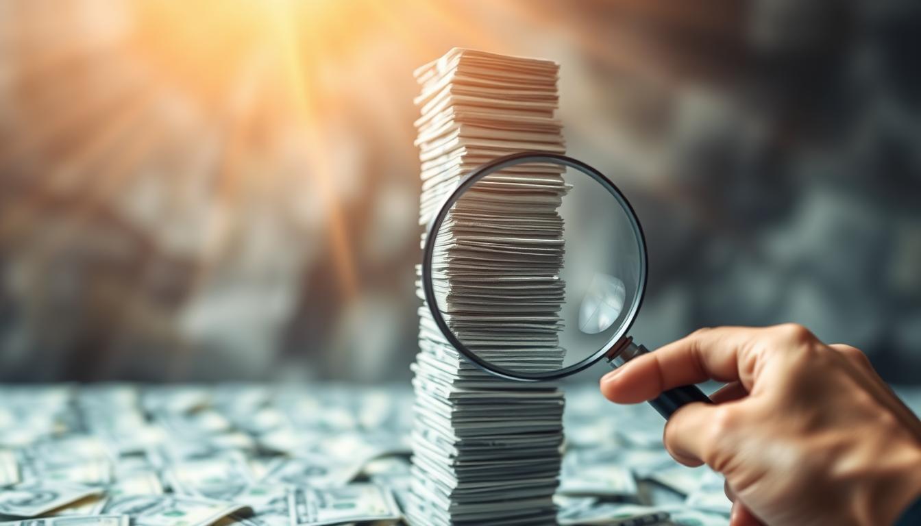 A pile of money stacked in the shape of a tall tower, with rays of light shining down on it from above. The tower stands at the center of a blurry and abstract background, while in the foreground, a person's hand is seen holding a magnifying glass, focusing intently on the details and textures of each bill. The hand is positioned slightly off-center, creating a sense of movement and action towards the tower. The overall tone is one of determination and laser-focused attention on achieving financial abundance.