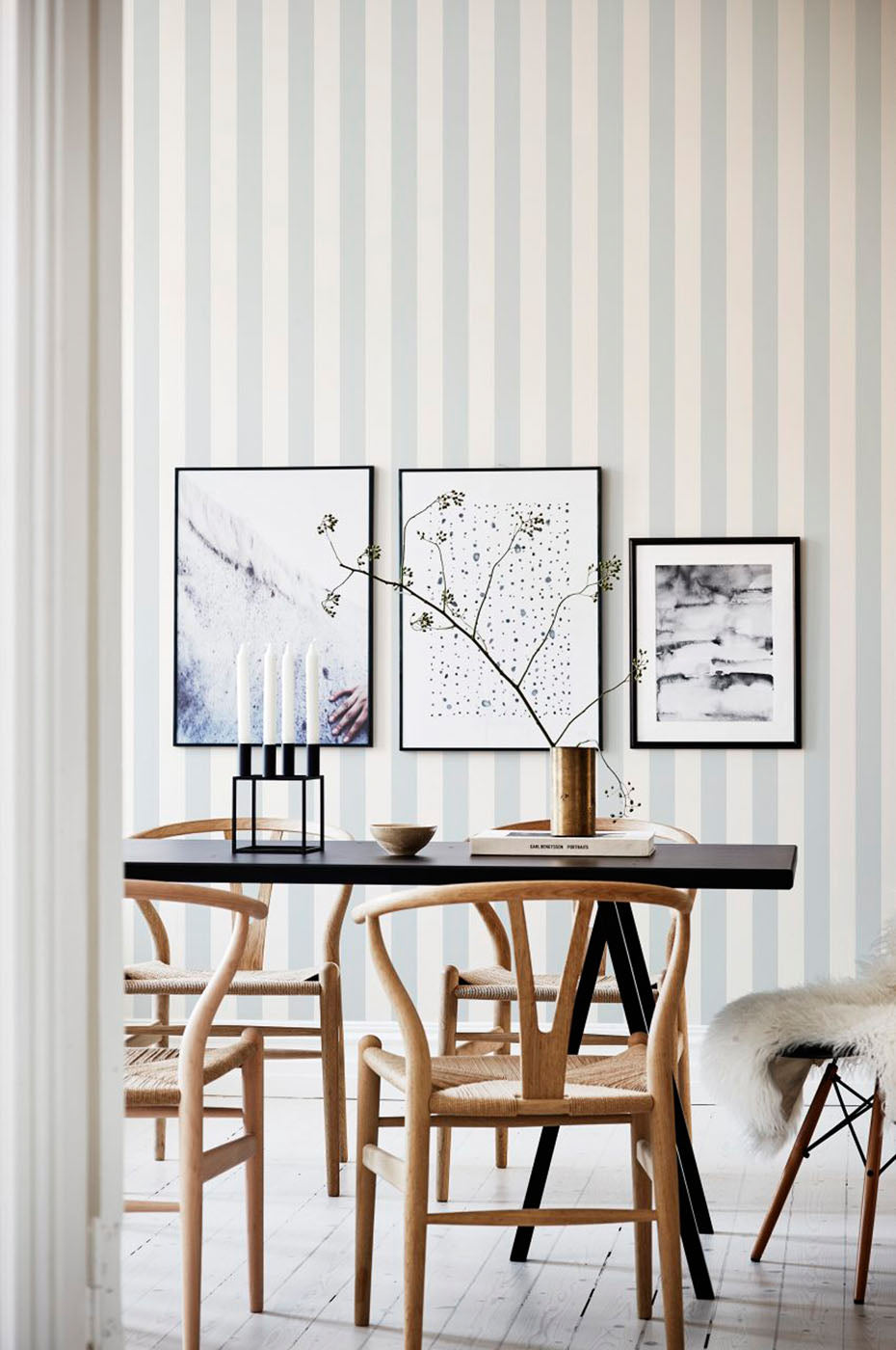 Teira Stripes Wallpaper in Blue in dining room
