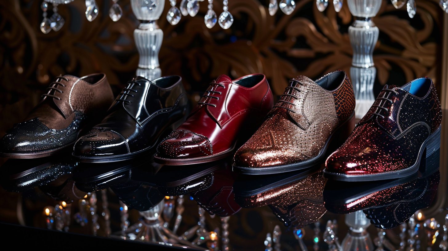 A lineup of stylish prom shoes for guys displayed with suits and tuxedos: classic black Oxfords with a formal tux, trendy velvet loafers with a slim-fit suit, bold patterned or metallic shoes for themed proms, and sleek dress boots for a fashion-forward look. The background hints at a prom night setting--dance floor lighting, formal decor, and youthful energy.