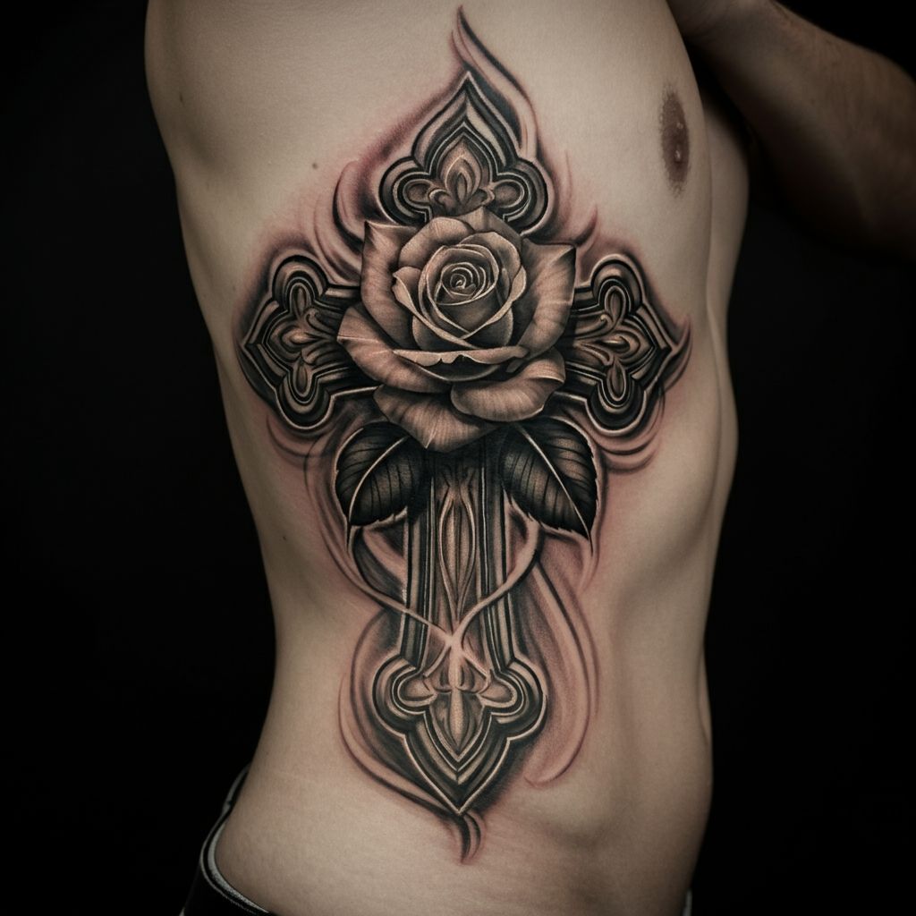 Cross with Flowers Tattoo on ribcage