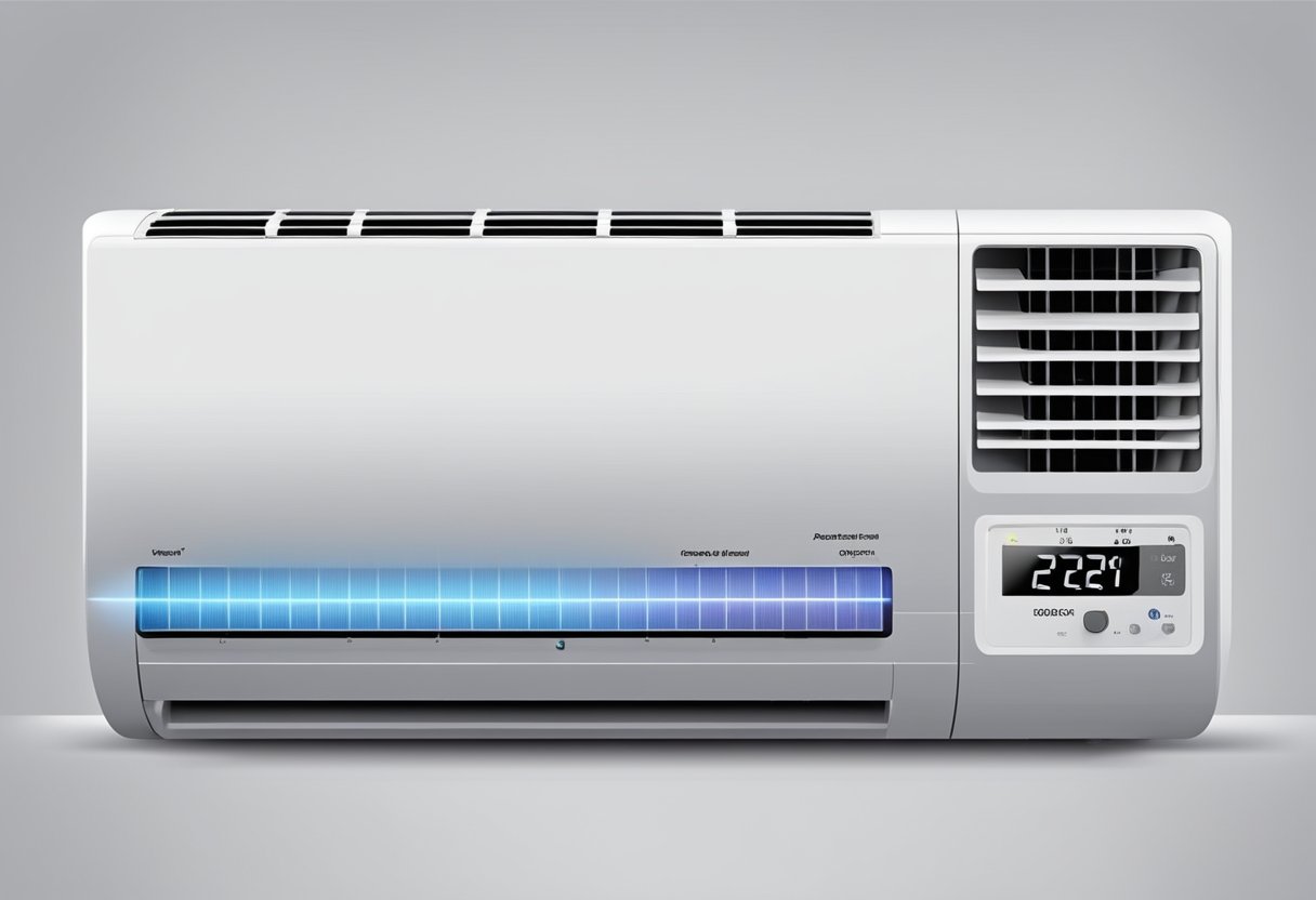 Un condizionatore d'aria in funzione con un contatore di energia che mostra il consumo energetico