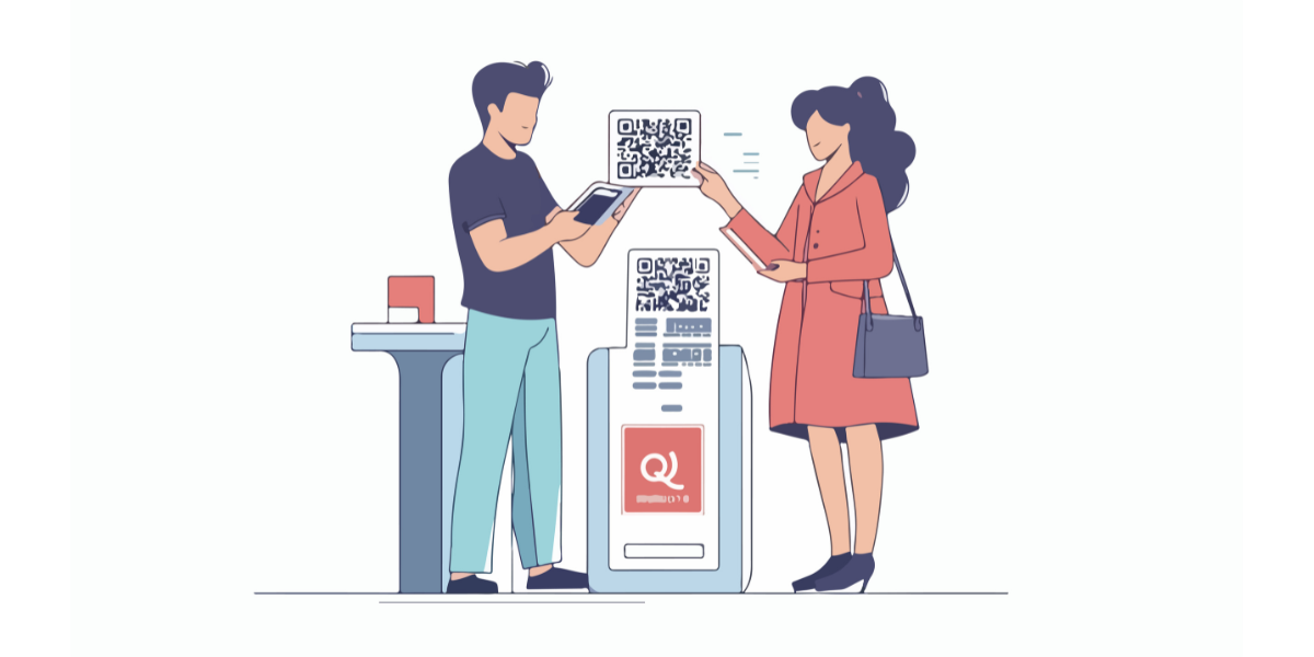 A man and a woman interacting with a QR Code on a booth.