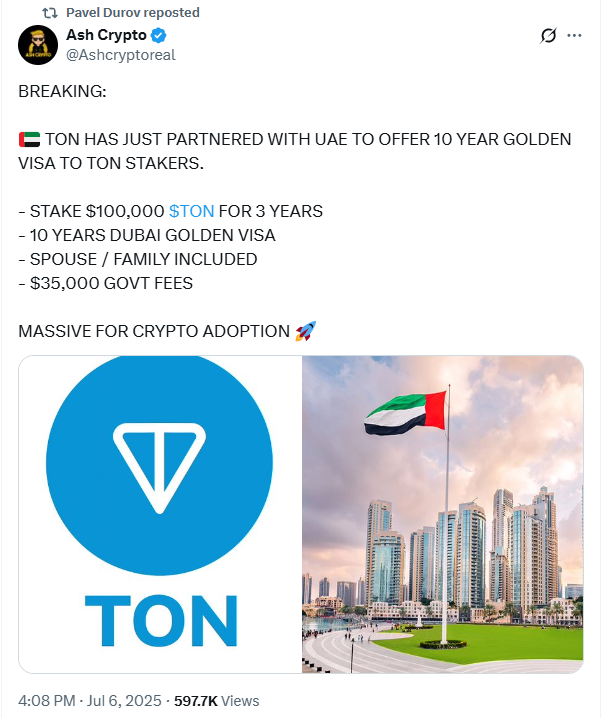 Photo for the Article - UAE Denies Golden Visa Claim for $TON Stakers