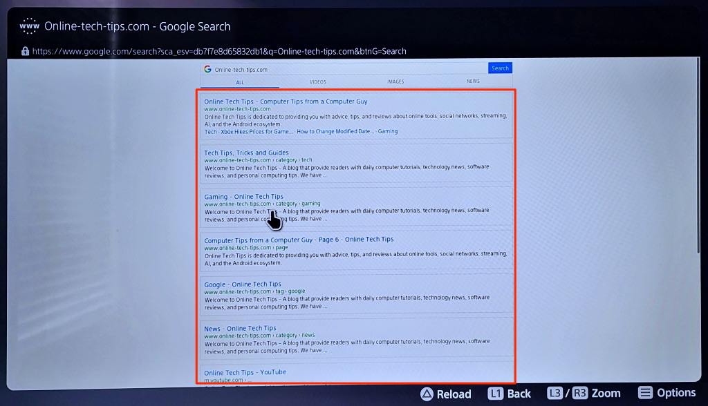 Google Search results page in the PS5 web browser