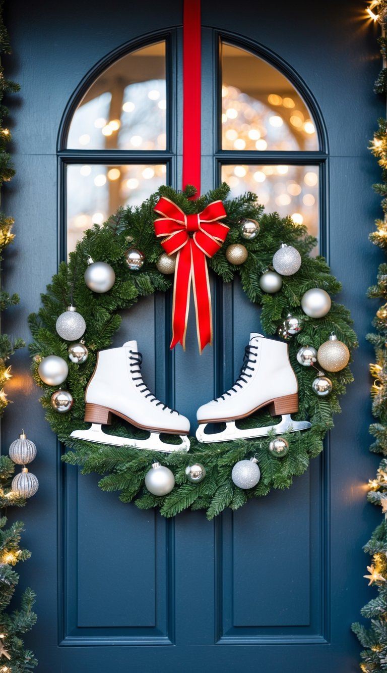 A festive wreath made of ice skates hangs on a front door, adorned with sparkling ornaments and a red bow