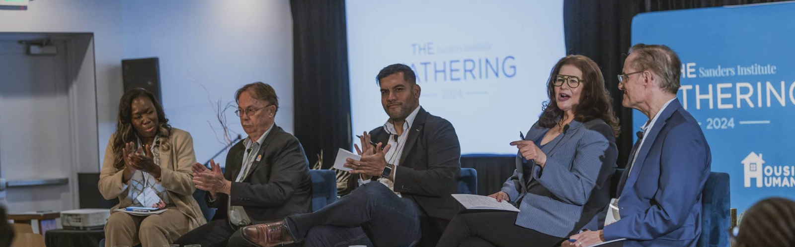 Michael Weinstein, President and Co-founder, Aids Healthcare Foundation; Rep. Hugo Martinez; Ada Briceño, UNITE HERE Local 11 Co-President, Chair Democratic Party of OC; Denny Zane, Justice for Renters Act; Ericka Lesley, Santa Monica Rent Control Board Chair on stage at the Sanders Institute Gathering