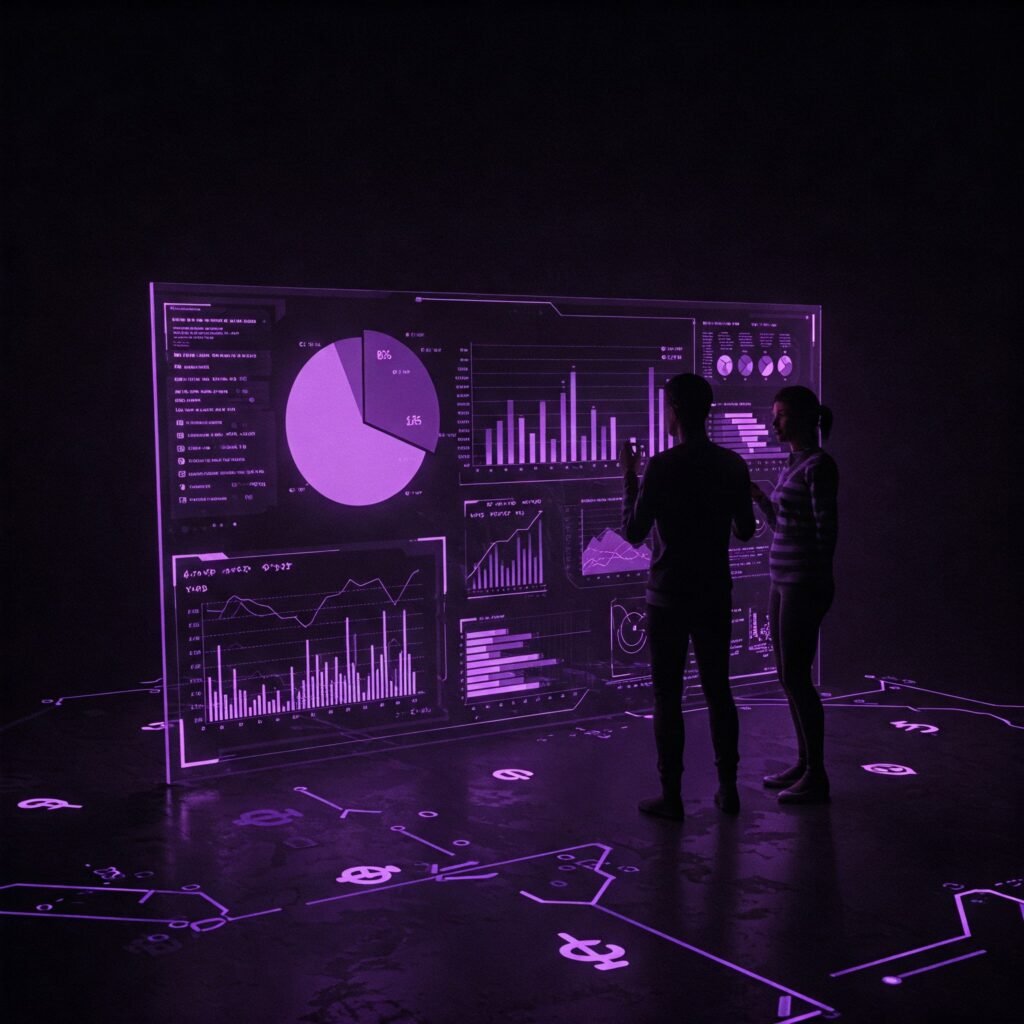 Silhouettes of professionals analyzing futuristic data dashboards with charts and graphs using advanced data visualization tools
