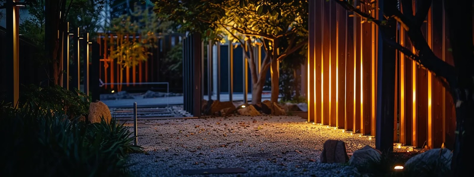 soft, warm light enhancing the interplay of metal and wood elements in a beautifully illuminated yard at night.