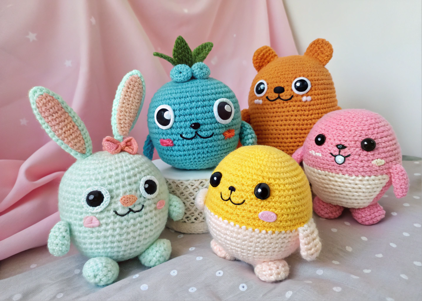 Diversos amigurumis de crochê coloridos, ideais para presentes e decorações.