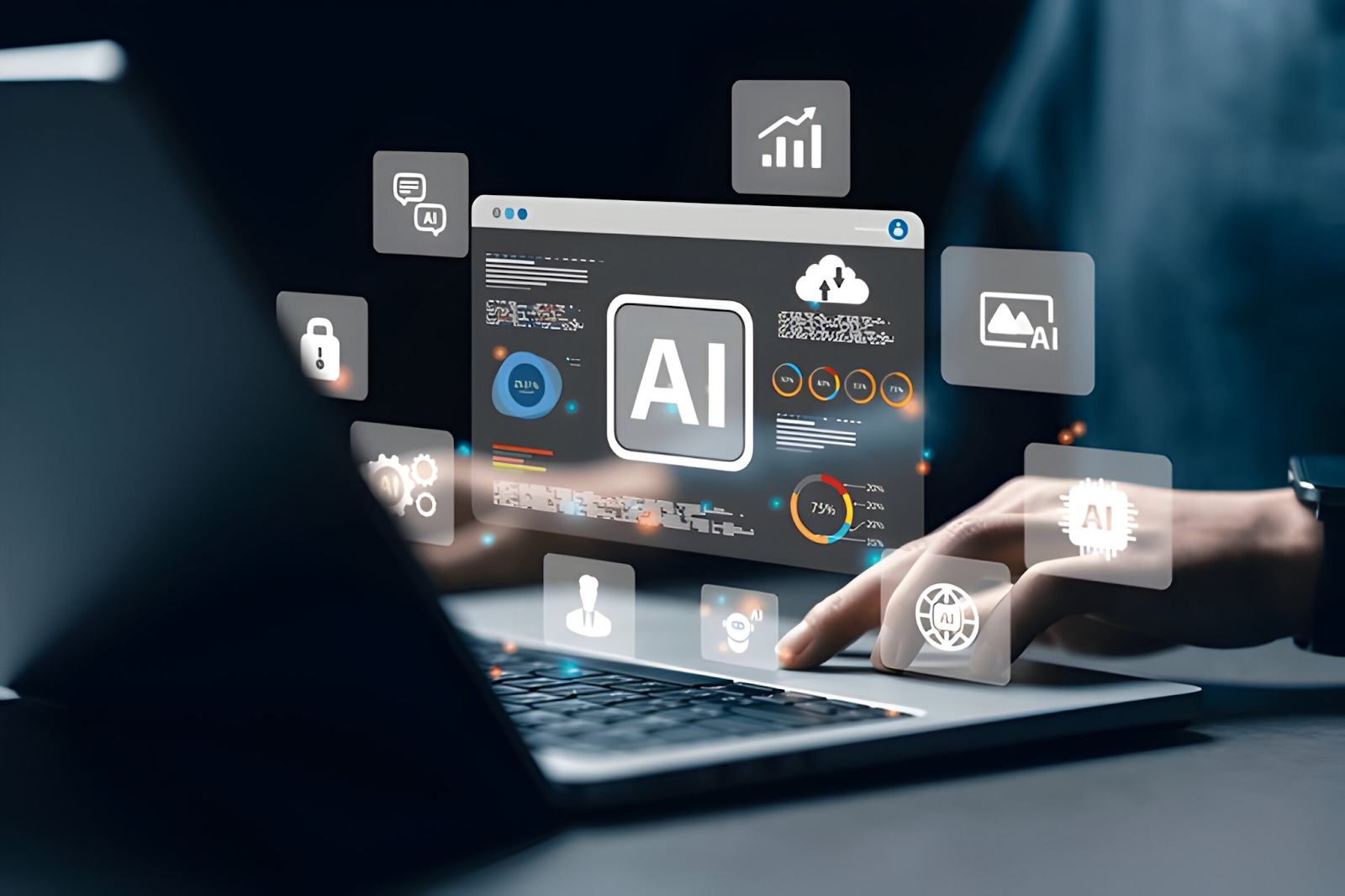 Accountant working on a laptop with virtual AI icons and data analytics, representing the growing role of automation and artificial intelligence in accounting.