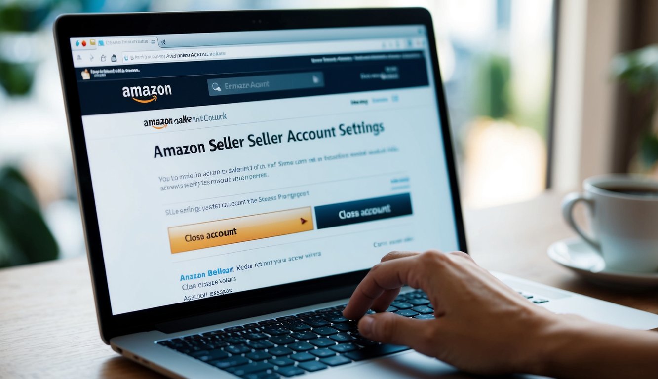 A laptop with an open web browser displaying the Amazon seller account settings page, with a cursor hovering over the "Close Account" button