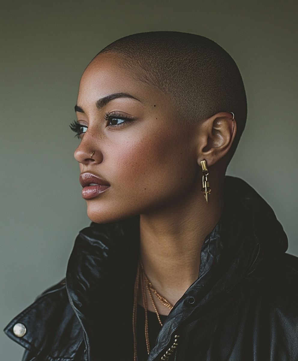 a lady rocking a clean buzz cut