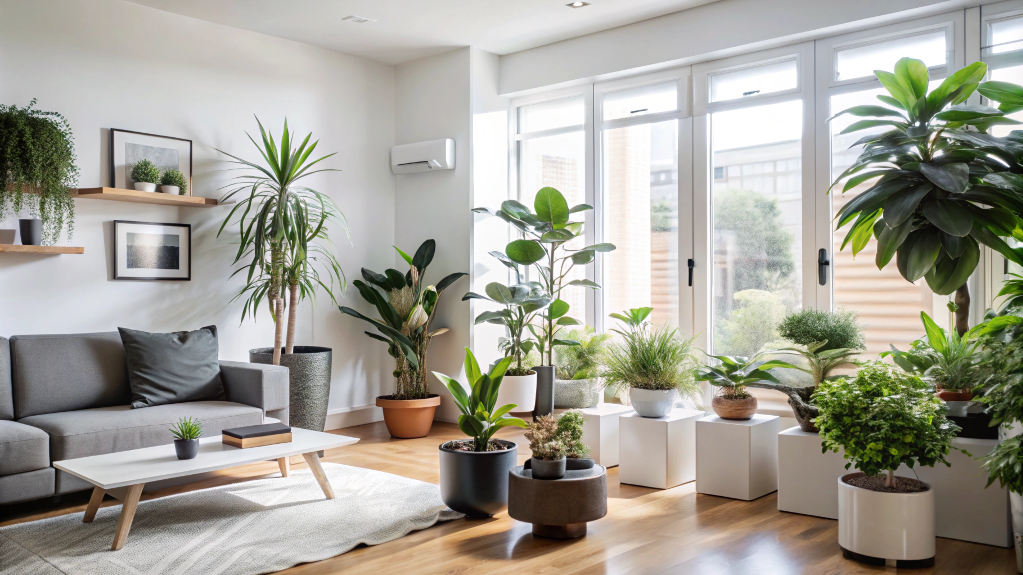 Sala de estar com plantas purificadoras de ar como Espada-de-São-Jorge e Lírio-da-Paz.