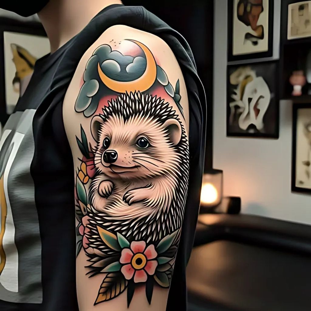  Hedgehog and Crescent Moon Tattoo