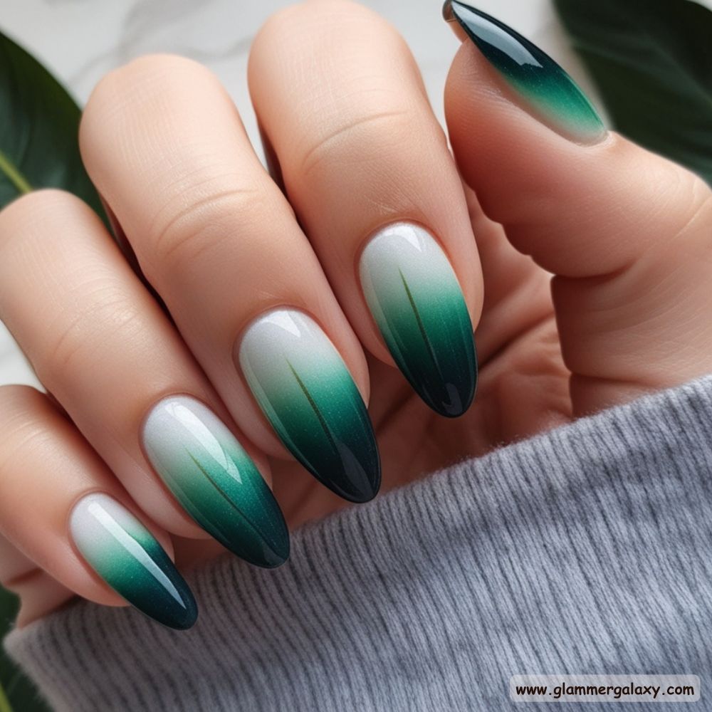 Winter and Fall Dark Green Nails having Ethereal Glow
