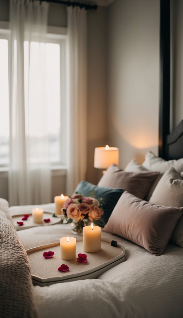 A softly lit master bedroom with dimmer switches, adorned with romantic decor ideas such as candles, rose petals, and plush bedding