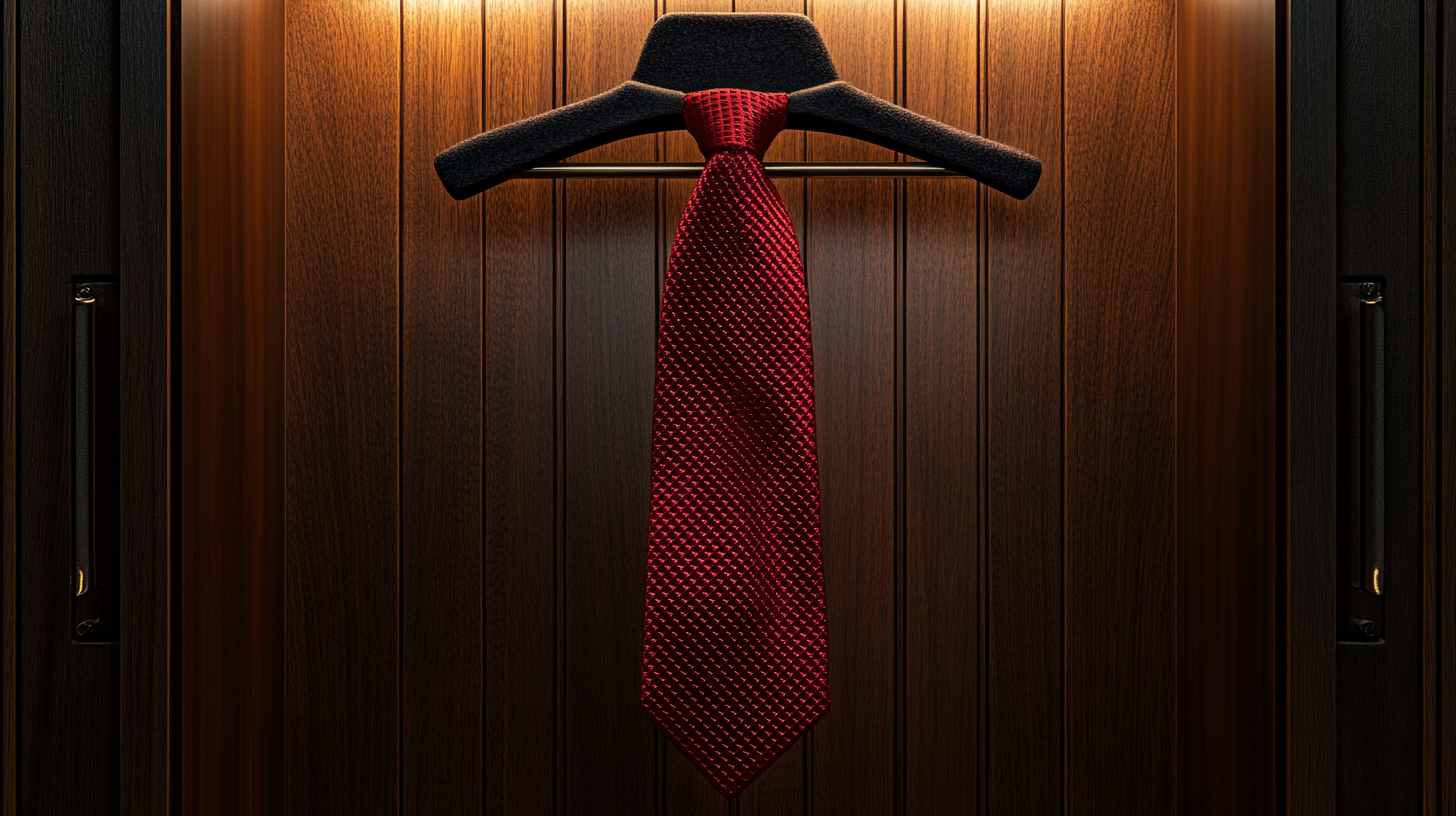 A bold red tie hanging inside a modern wooden wardrobe. The rich crimson fabric drapes smoothly over a velvet hanger, catching soft ambient light that enhances its deep color. Dark wooden panels provide contrast, creating an elegant and striking atmosphere. The background remains minimal to focus on the tie.