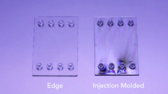 Injection molded and Edge compression-molded parts imaged in unfiltered and polarized light, showing the near-complete lack of birefringence-related artifacts available with Edge plastic parts. In the injection molded part, optical artifacts are visible in both imaging formats.