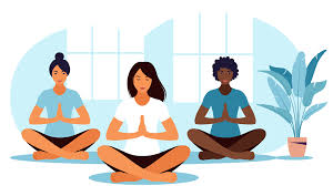 
Illustration of three individuals, practicing mindfulness meditation.  