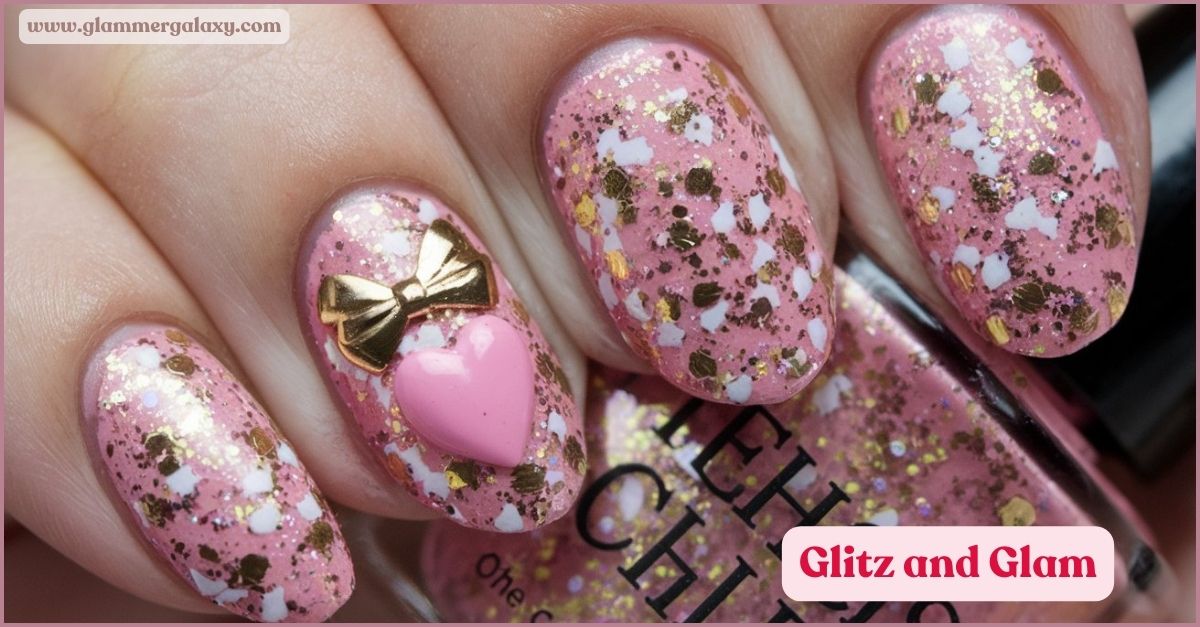 Close-up of nails with pink polish, gold glitter, and heart design with bow accent.