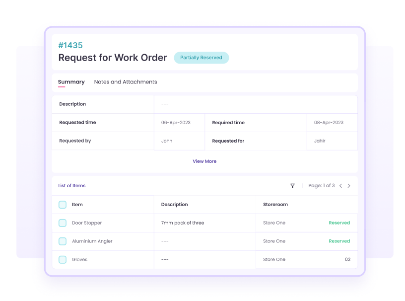  Facilio dashboard displaying a work order request for inventory replacement