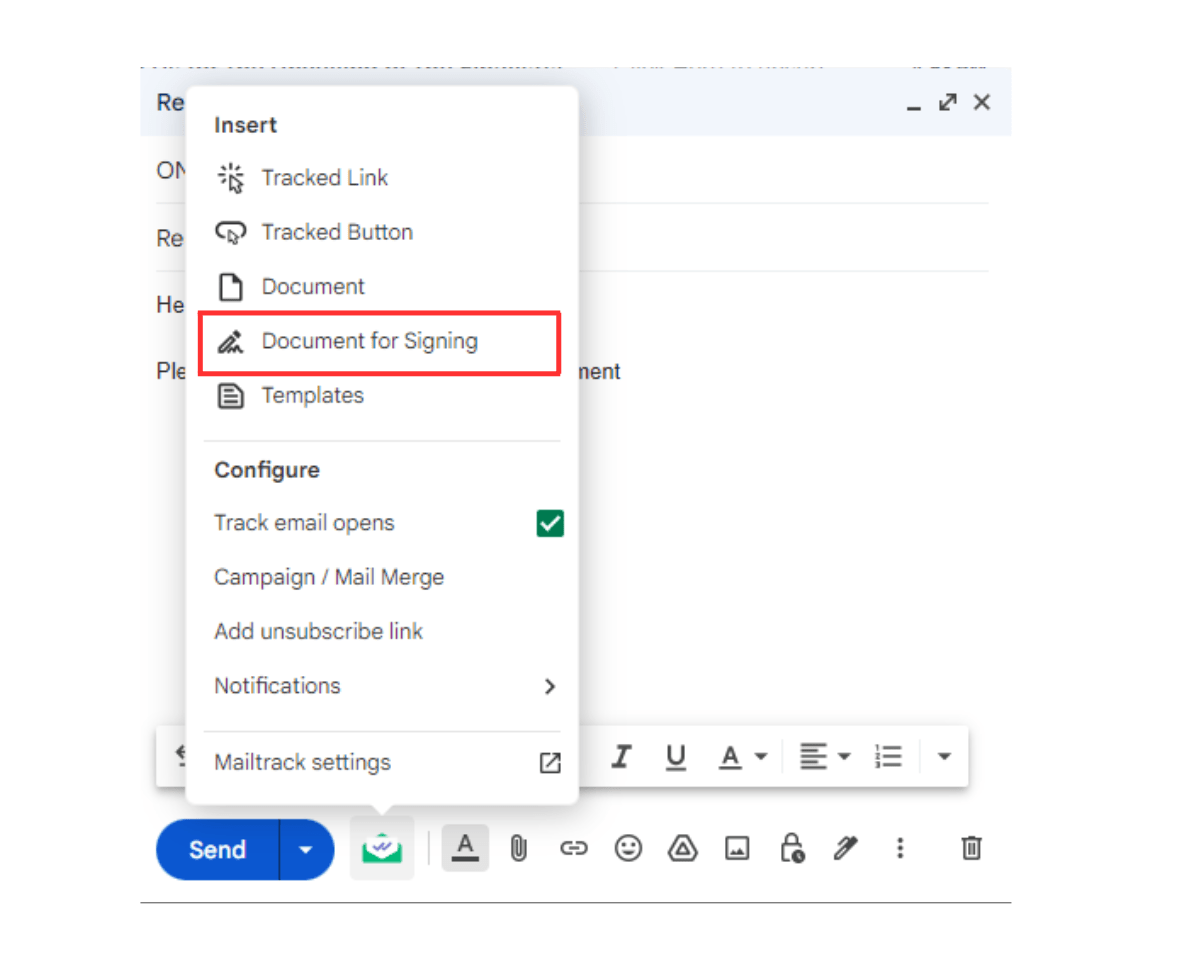 Requesting e-signatures for real estate contracts using Mailsuite: Select Document for Signing from Mailsuite Settings