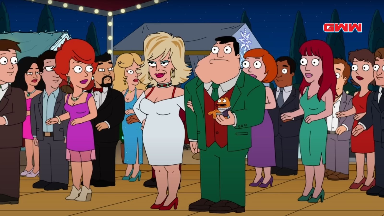 Stan Smith and Francine at a formal event holding Klaus the fish.