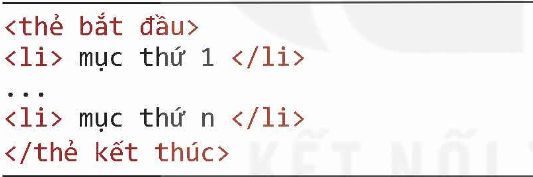 BÀI 9: TẠO DANH SÁCH, BẢNGI - MỤC TIÊU BÀI HỌC• Sử dụng thẻ HTML tạo được danh sách, bảng.II - KIẾN THỨC CẦN GHI NHỚ1. TẠO DANH SÁCHa) Danh sách có hoặc không có thứ tự - Trong danh sách, các mục được hiển thị tuần tự, kí tự đầu dòng có thể là một số, chữ, dấu, kí hiệu hoặc hình ảnh.- Cấu trúc của đoạn mã HTML tạo danh sách như sau:+ Để tạo danh sách có thứ tự, dùng cặp thẻ <ol></ol>. Để chọn kiểu đánh thứtự và giá trị bắt đầu, dùng thuộc tính type và start (Hình 9.1):type: xác định kiểu đánh số:  1