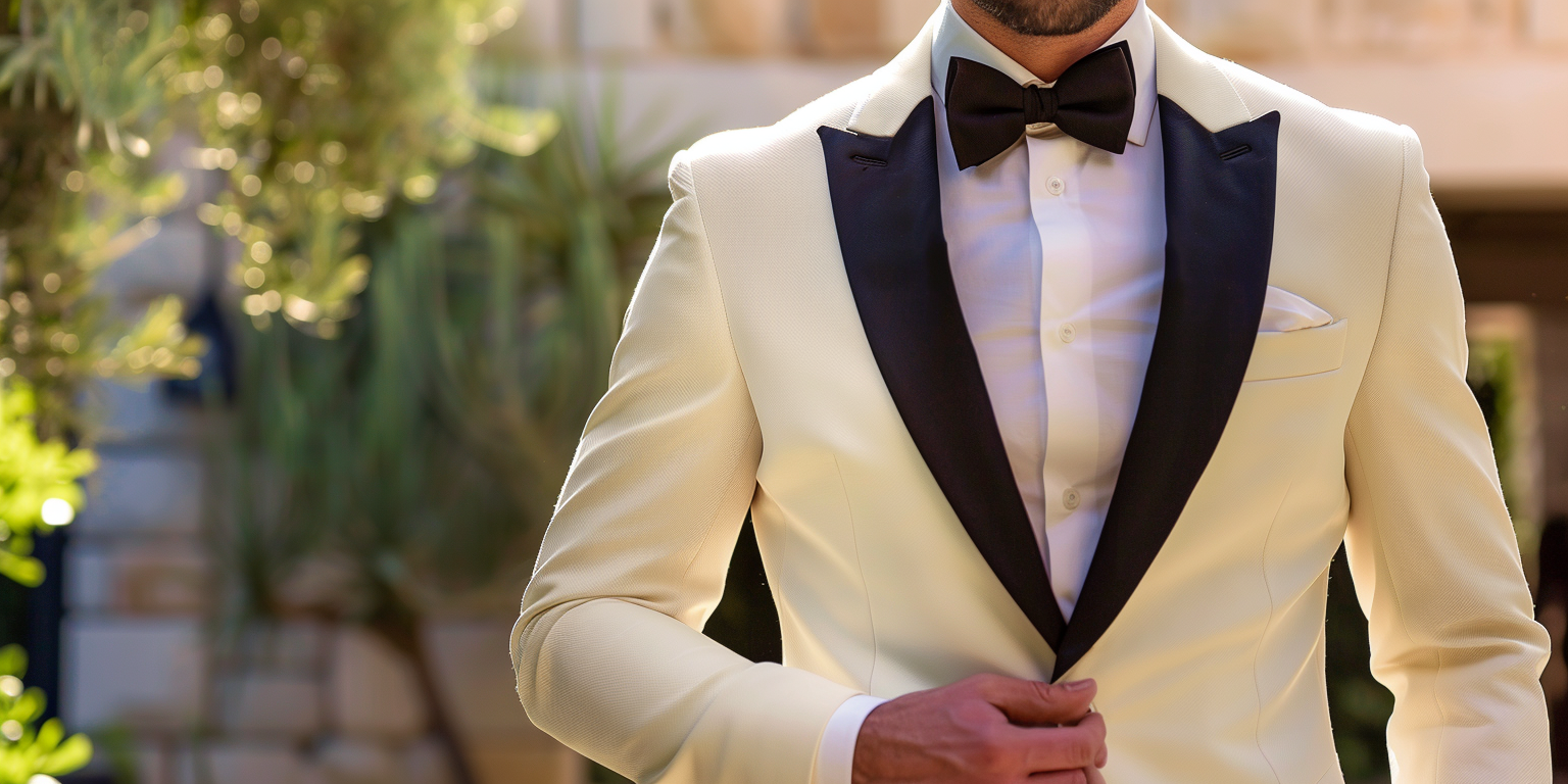 A man wearing a white dinner jacket tuxedo, styled with black formal trousers, a black bow tie, and a white dress shirt. The look is crisp and elegant, perfect for summer events or warm climates. Set in a bright, upscale outdoor or evening venue, highlighting fresh sophistication.